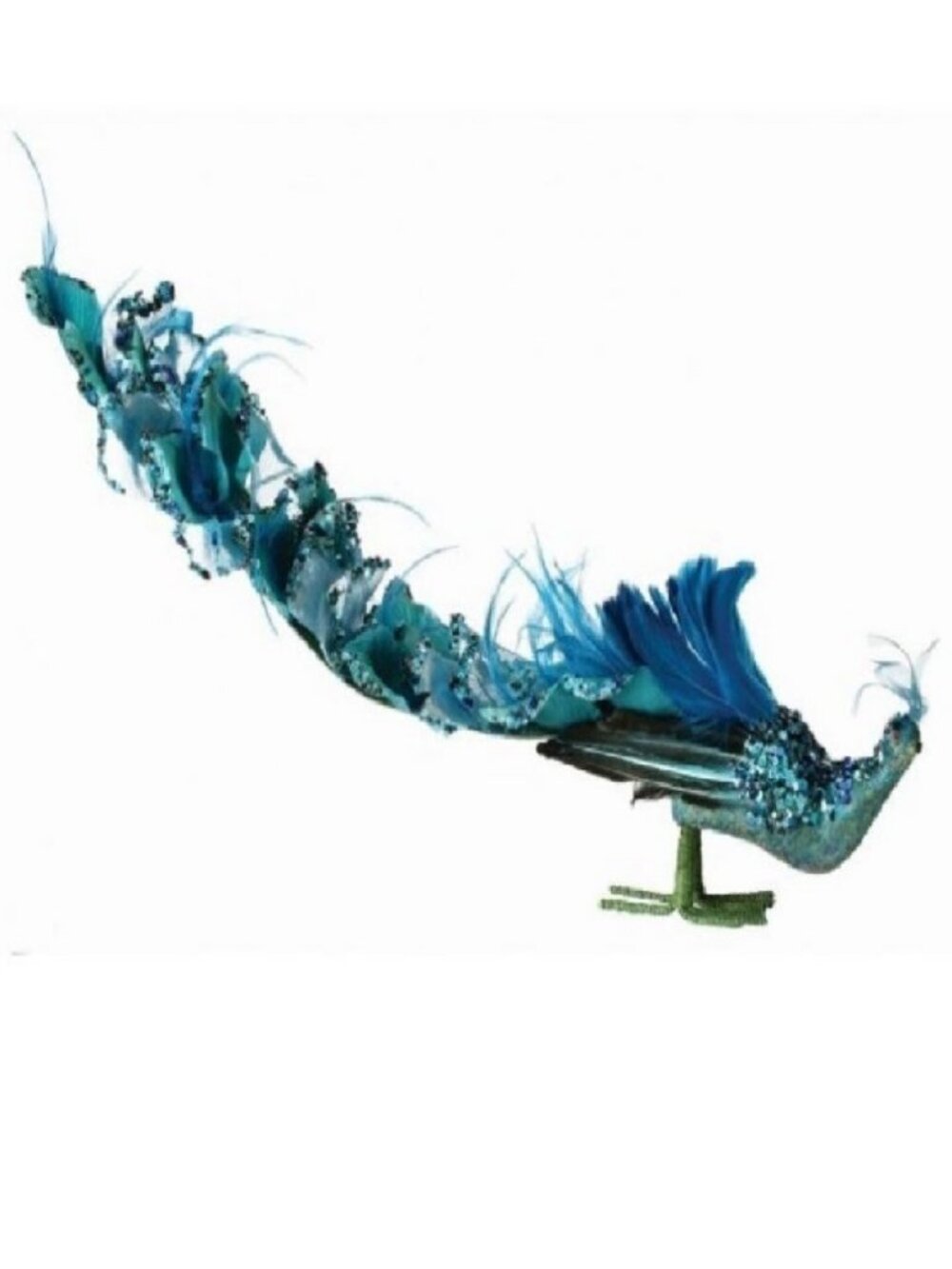 Large 23" Sequin Teal / Blue Feathered Peacock Christmas Ornament